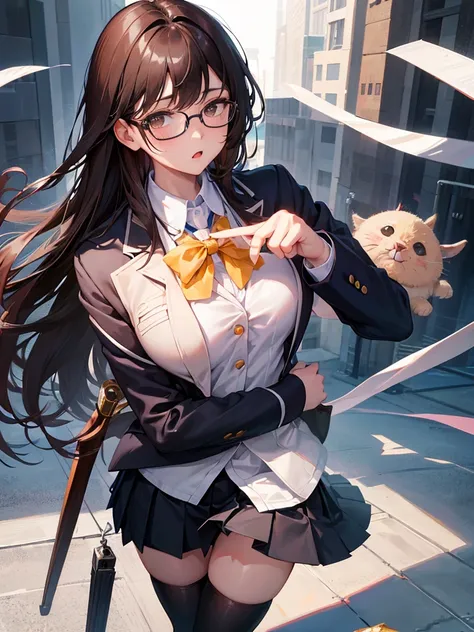 school uniform, blazer、1人の女性、brown haired、Brown eyes、Black-rimmed glasses、 Best Quality、ultra-detailliert、8K resolution、Raw photo、masutepiece、gorgeous faces、Perfect body, ,thigh-high socks, Pleated skirt, 1 boy, penis, footjob