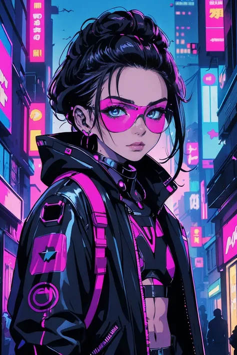 fotografia aproximada, Young confident cyberpunk superhero in black costume,Cyber Night City em segundo plano