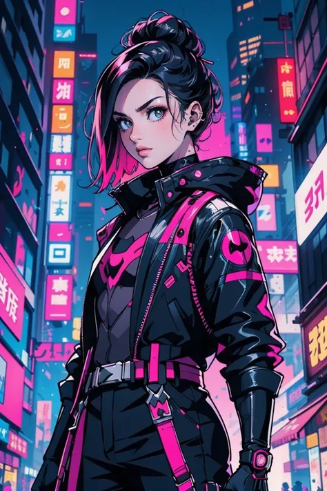 fotografia aproximada, Young confident cyberpunk superhero in black costume,Cyber Night City em segundo plano