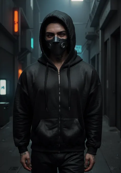 There was a man in a mask and a black hoodie，cuchillo en mano, estilo cyberpunk hiperrealista，Estilo cyberpunk，colores cian