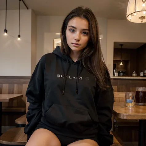 Femme. Jeune. 18 ans. Very light brown hair. Dark black eye makeup with long eyelashes. Maquilalge. Selfless head. Wears a black hoodie. Assise dans un restaurant. Ne se tient pas assise correctement. visage fin. Cheveux clair. Porte un pantalon