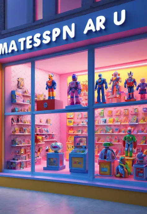 minimalism pop art, Toy Store, Window Display, octane render, enhance, intricate, (best quality, masterpiece, Representative work, official art, Professional, 8k wallpaper:1.3)