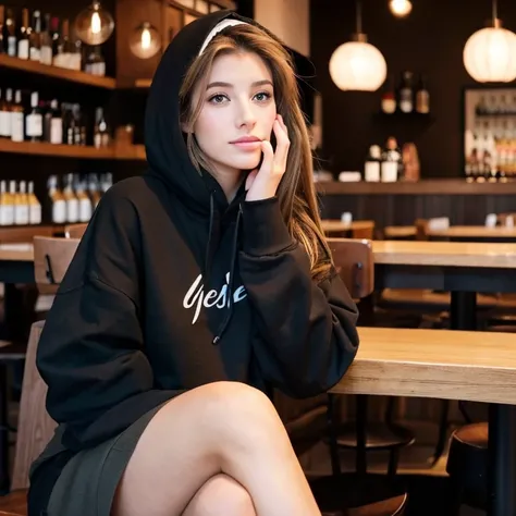 Femme. Jeune. 18 ans. Very light brown hair. Dark black eye makeup with long eyelashes. Maquilalge. Selfless head. Wears a black hoodie. Assise dans un restaurant. Ne se tient pas assise correctement. visage fin. Cheveux clair.