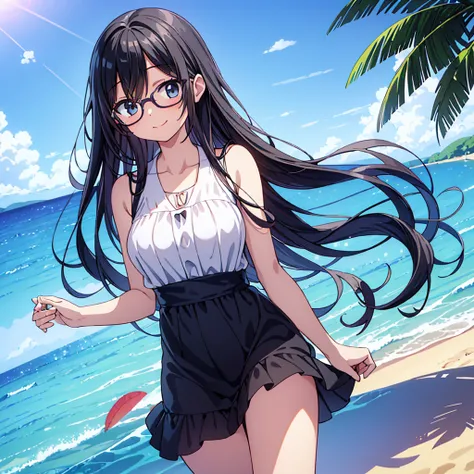 Illustration of a beautiful junior high school girl with long, straight black hair and glasses wearing a sleeveless white one-piece dress and an innocent smile on a sandy beach under a summer sky.