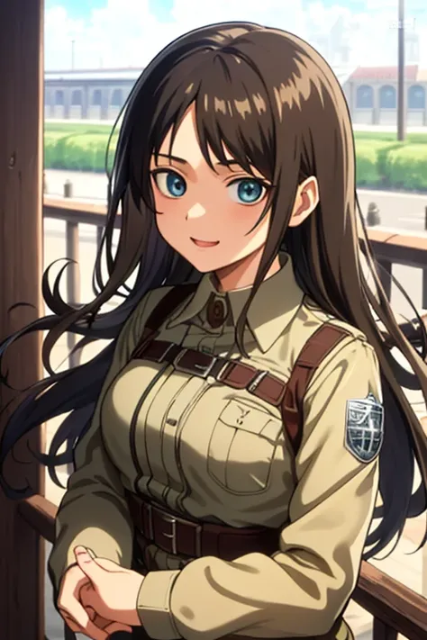 masterpiece, 最high quality, high quality, 1 boy, alone, female focus, looking at the viewer, Upper body, Jacket,   Attack on Titan、uniform、girl、long hair、brown hair、blue eyes、smile、cute、Do pieces、Was。