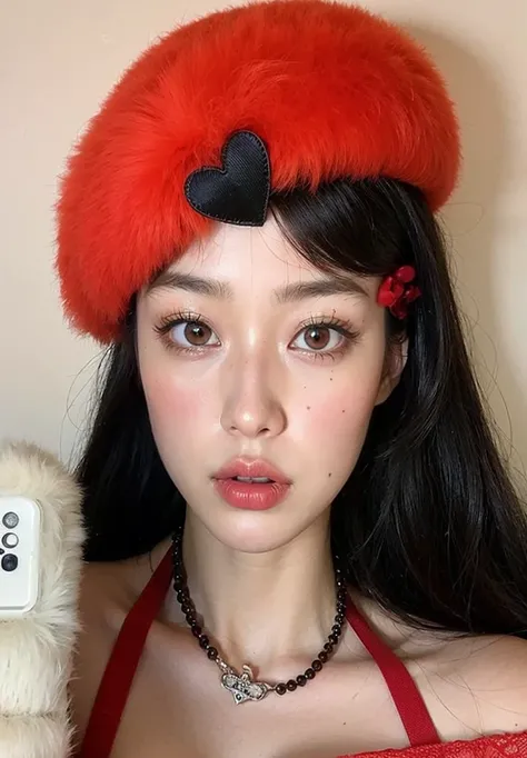 arafed woman in red dress holding a teddy bear and a cell phone, ulzzang, small heart - shaped face, ((red)) baggy eyes, pale red, korean girl, wan adorable korean face, popular south korean makeup, heart shaped face, full heart - shaped face, red hat, kaw...