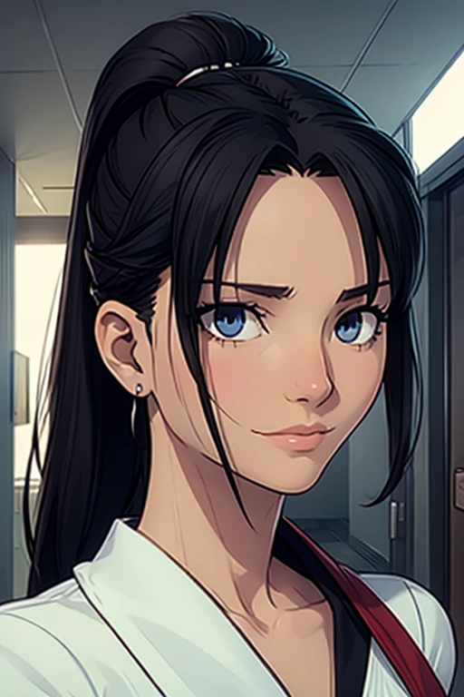 (masterpiece), best quality, expressive eyes, perfect face, ambient lighting, smooth, elegant, featured on pixiv, close-up of a girl inside school hallway, soft expression, slight smile, black hair, ponytail , mature face , tall and slender