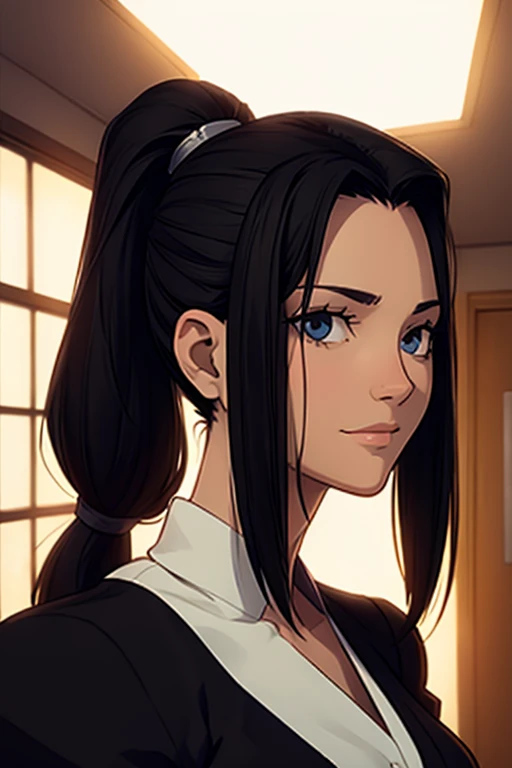 (masterpiece), best quality, expressive eyes, perfect face, ambient lighting, smooth, elegant, featured on pixiv, close-up of a girl inside school hallway, soft expression, slight smile, black hair, ponytail , mature face , tall and slender