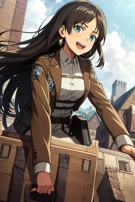 masterpiece, 最high quality, high quality, Attack on Titan、uniform、girl、long hair、brown hair、blue eyes、smile、cute、look at me、cute、laughing、looks fun、