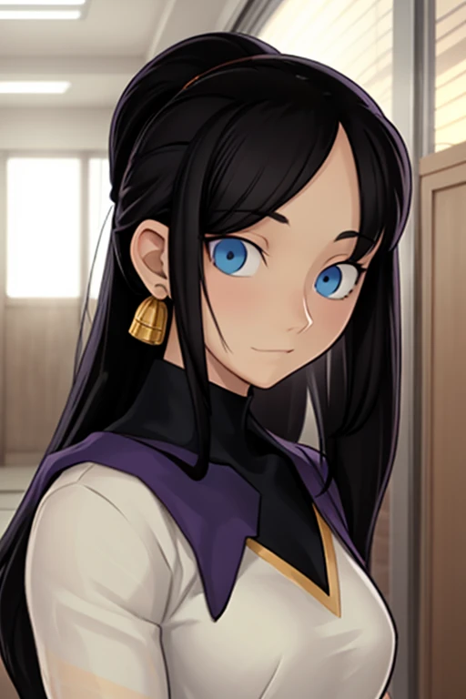 (masterpiece), best quality, expressive eyes, perfect face, ambient lighting, smooth, elegant, featured on pixiv, close-up of a girl inside school hallway, soft expression, slight smile, black hair, ponytail , mature face , tall and slender