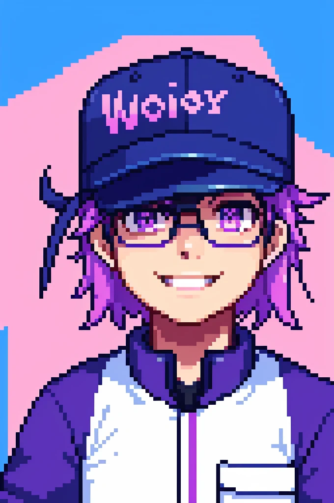 Image of a smiling boy facing front, wearing baseball cap, wearing big VR googles, eyes are covered by the VR googles welcoming vibe, a lot of purple, pink and blue colors