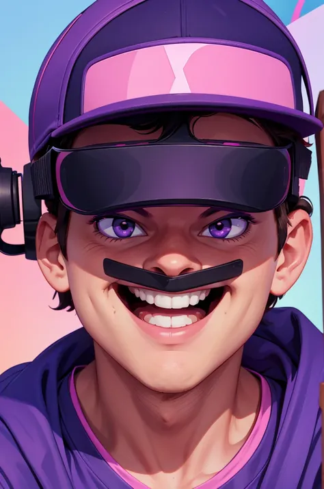 Image of a smiling boy facing front, wearing baseball cap, wearing big VR googles, eyes are covered by the VR googles welcoming vibe, a lot of purple, pink and blue colors
