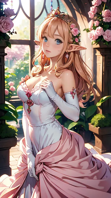 (quality, 4k, 8k, high resolution, masterpiece: 1.2), ultra-detailed, blurry, depth of field, blurred foreground, blurred background, pink, pink rose, dress, jewelry, earrings, elf ears, elf blonde hair, stained glass, princess dress, blue eyes, elbow glov...