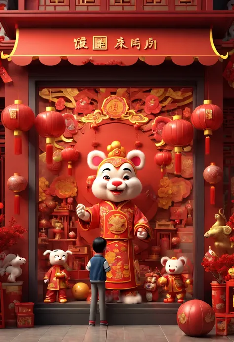 Chinese New Year, Toy Store, Window Display, octane render, enhance, intricate, (best quality, masterpiece, Representative work, official art, Professional, 8k wallpaper:1.3)