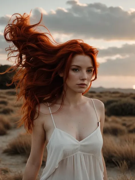 A photograph of a red-haired woman with windswept hair, sus cabellos enredados como llamas contra un cielo crepuscular, hora dorada, emanating untamed beauty