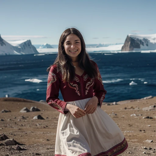 a cute woman smiling at the camera, wearing a stunning embroidered dress in Antarctica, cinematic, film grain