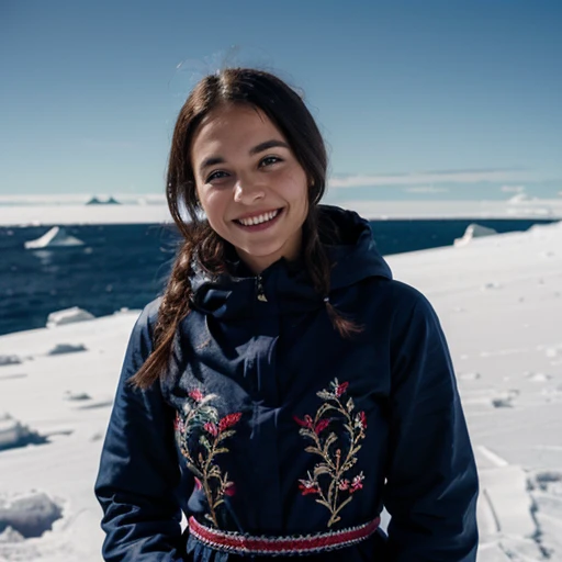 a cute woman smiling at the camera, wearing a stunning embroidered dress in Antarctica, cinematic, film grain