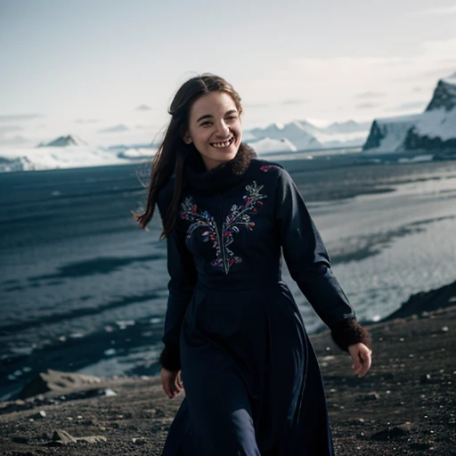 a cute woman smiling at the camera, wearing a stunning embroidered dress in Antarctica, cinematic, film grain