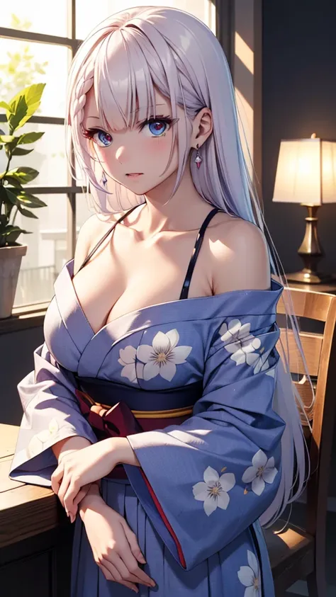 8k、quality、on the table、super high image quality、super detailed、Super beautiful、Ultra-realistic hair textures、anime illustration、Surreal sensibility、full body lesbian、charming appearance、shave 、Japanese off-shoulder blue yukata、beautiful woman, red eyes、gl...