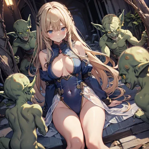 NSFW、​masterpiece, top-quality, The ultra -The high-definition, Top resolution, ighly detailed, profetional lighting、animesque、1 girl in、A slender, Very cute, Young face, Hands are restrained、Armored dress, Blue and white armor、White inner、Golden decoratio...