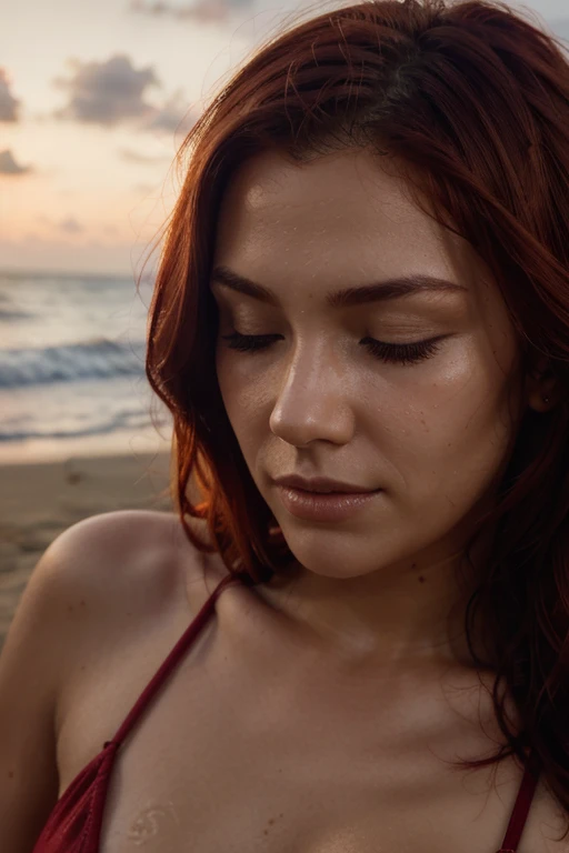 face closeup,closed eyes,red haired,dark theme, detailed skin in at the beach in a bikini