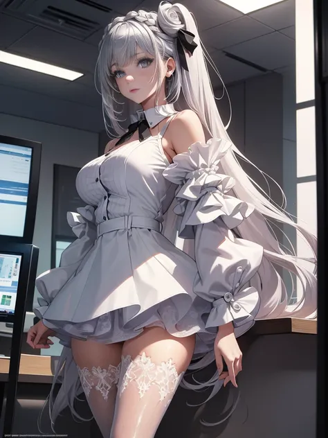 ridiculous, 8k ,high resolution, Super detailed, beautiful, masterpiece, best quality, (beautiful detailed silver eyes), (1 girl) ,A sexy beautiful young woman working as an office OL (female office worker),White collared button-down shirt,Black slit skirt...