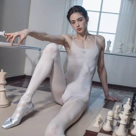 (4k, best quality, masterpiece, photo, beautiful eyes, ballet tights, lifelike crotch bulge, ballet style, looking at viewer:1.35), (tall androgynous male, chess ballet, checkmate, you played white and lost, your white king will be castrated because you fa...