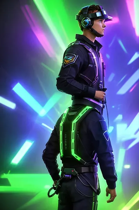 Sci fi boy wearnig VR gear, front view, purple, blue, green light, pixels around