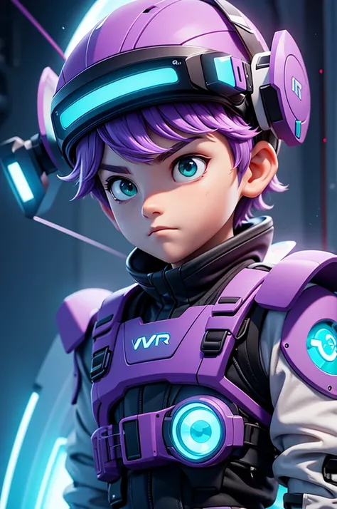 Sci fi boy wearnig VR gear, front view, purple, blue, green light, pixels around