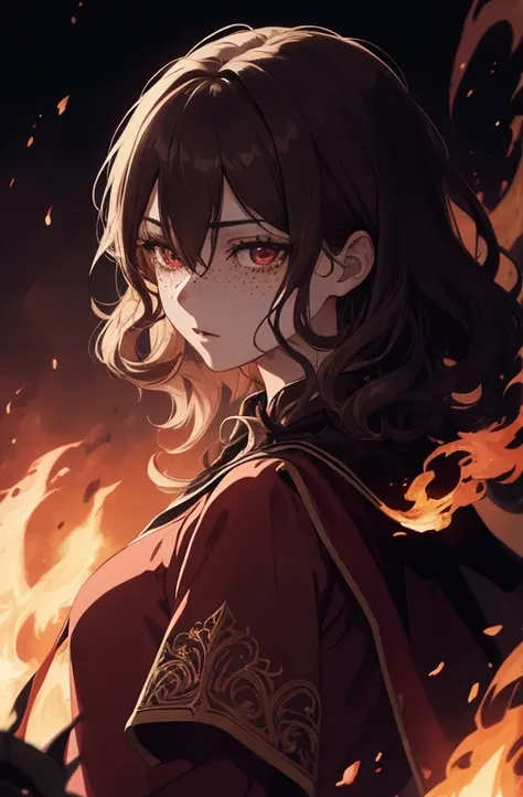 1girl, beautiful anime girl, short wavy brown hair, freckles. Dark red robes, hell, demon, long skirt, fire, dark eyelashes, perfect eyes, perfect face, intricate, intricate details, epic, character portrait, cinematic portrait, anime, anime art