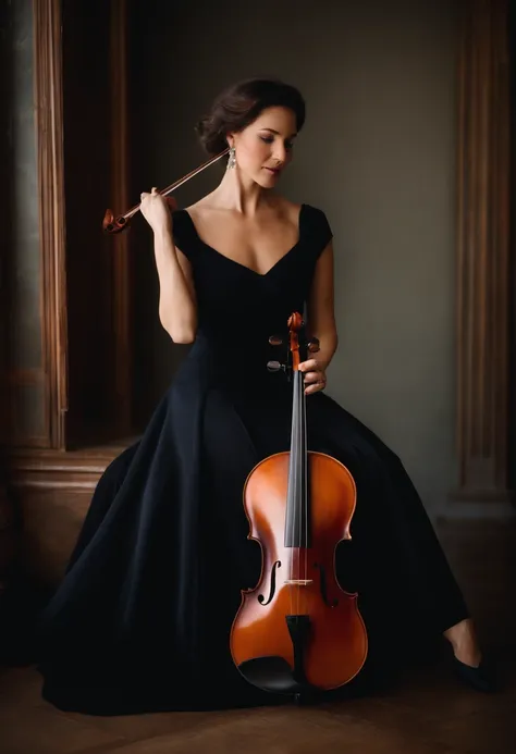 A woman in her forties playing the viola。Black dress