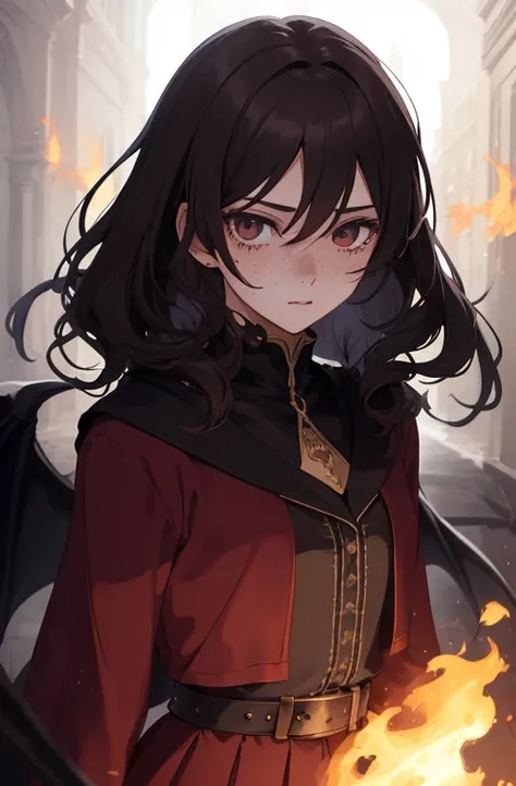 1girl, beautiful anime girl, short wavy brown hair, freckles. Dark red robes, hell, demon, long skirt, fire, dark eyelashes, perfect eyes, perfect face, intricate, intricate details, epic, character portrait, cinematic portrait, anime, anime art