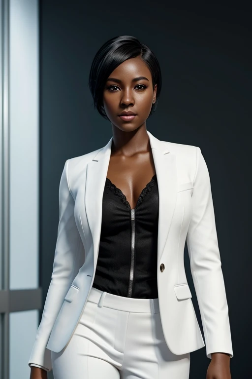 White suit、office, (Image background), dark-skinned girl black,black iggy short white hair、born, photo-realistic, ultra-realistic, masterpiece, highest quality, Ultra-high resolution textures, Very rich detail textures, HDR, 8K UHD,