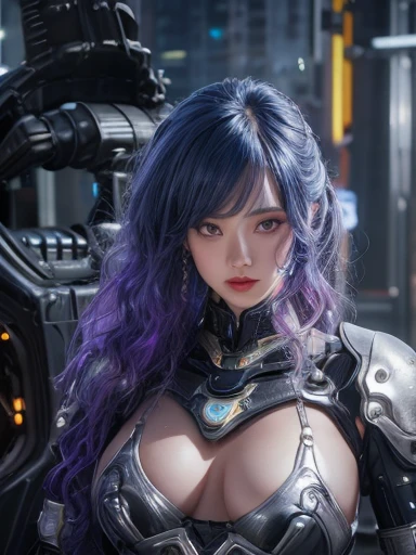 ((realistic)), ((best quality)), ((masterpiece)), (ultra details), 1girl, futuristic, cute face, k-pop idle IVE, messy hair, curly hair, wearing パワードスーツ、mechanical, wearing futuristic clothing, sexy posing, background cyber punk, background neon sign, stea...