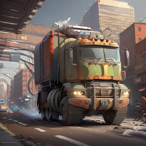 A CGDIAI truck, (best quality, highres, vivid colors), with detailed logo, shiny metallic paint, realistic headlights, large tires, clean windows, and dynamic motion blur, (bright daylight, studio lighting), on a smooth road, ( backdrop, cityscape) with ta...