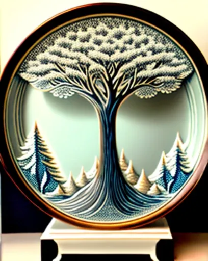 "midway multiverse" Highly detailed engraving "Southern Tree" porcelain, partially glazed, wood burning, art museum