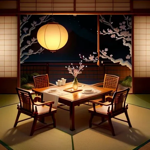 A traditional Japanese living room with detailed interior decoration.
Traditional tatami mats (detailed mats made of straw), shoji screens (intricate  sliding doors), and low wooden furniture (exquisite, handcrafted wooden tables and chairs). The room  ado...