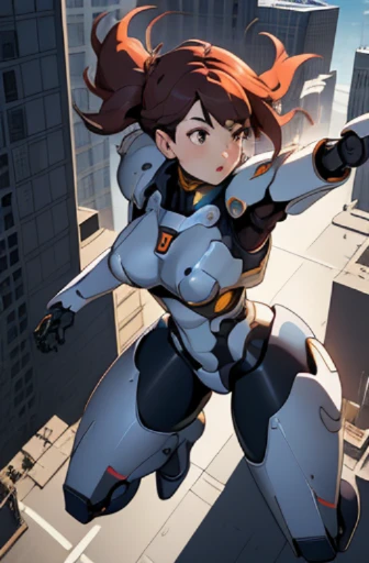 1 girl, Mecha, City, whole body, floating, Throw, from above, power armour, dynamic poses,