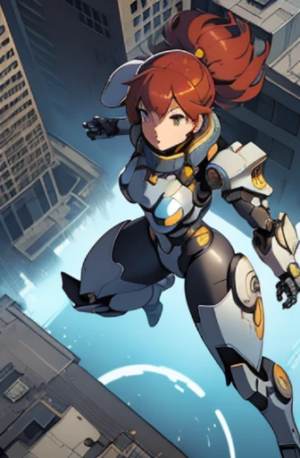 1 girl, Mecha, City, whole body, floating, Throw, from above, power armour, dynamic poses,