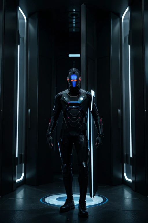 man on his back dressed in a futuristic black outfit in front of multiple portals choosing which one he will go through and inside each portal there is the image of a planet he is going to.