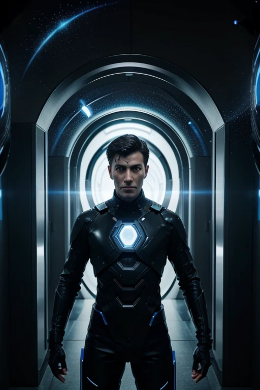 man on his back dressed in a futuristic black outfit in front of multiple portals choosing which one he will go through and inside each portal there is the image of a planet he is going to.