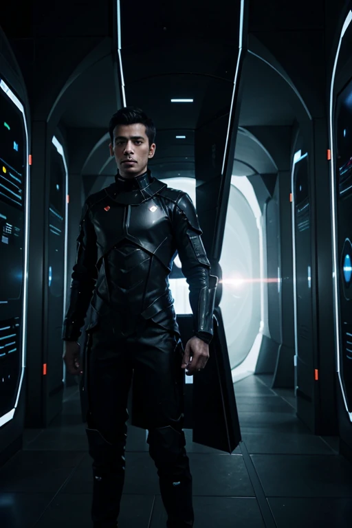 man on his back dressed in a futuristic black outfit in front of multiple portals choosing which one he will go through and inside each portal there is the image of a planet he is going to.