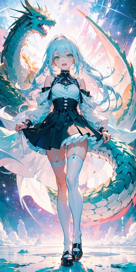 Bright cyan eyes, Long white hair, Green-eyed white dragon, teens girl, Twinkling starry sky galaxy as background, gentle, White lace-trimmed stockings, Black leg ring, Silver white neck ring, estrus, orgasm, pink love eyes