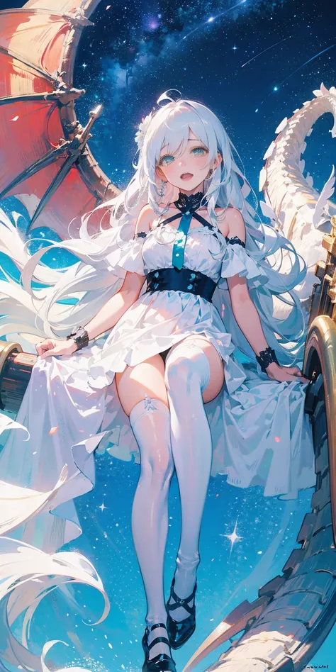 Bright cyan eyes, Long white hair, Green-eyed white dragon, teens girl, Twinkling starry sky galaxy as background, gentle, White lace-trimmed stockings, Black leg ring, Silver white neck ring, estrus, orgasm, pink love eyes