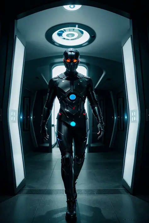 man dressed in a futuristic black outfit in front of multiple open portals waiting, Inside each portal there is a random image of the dimension corresponding to that portal