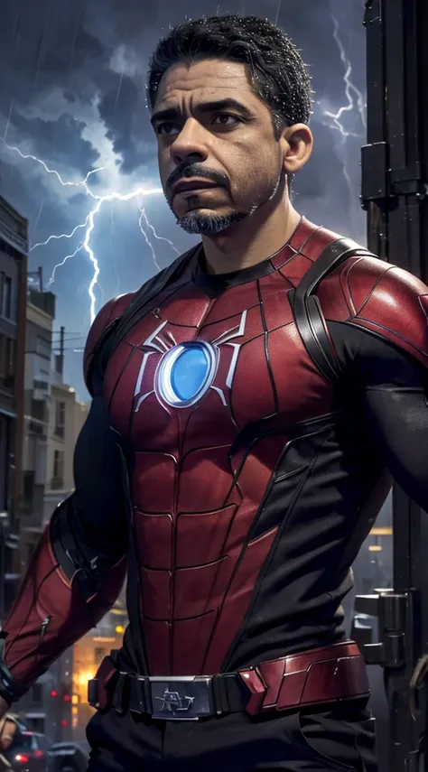 melo1 serious-looking 40-year-old man. looking at the viewer, ((create melo1 with spider-man's outfit combined with iron man's a...