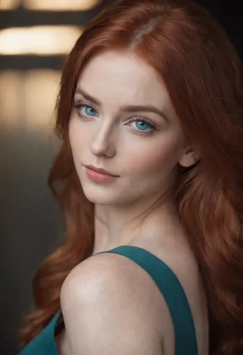 an attractive woman with blue eyes and red hair, detailed facial features, feminine curves, soft-focus portrait, emotive faces, in the style of dark teal and light teal, scoutcore, underexposure, studio light, busty --ar 3:4