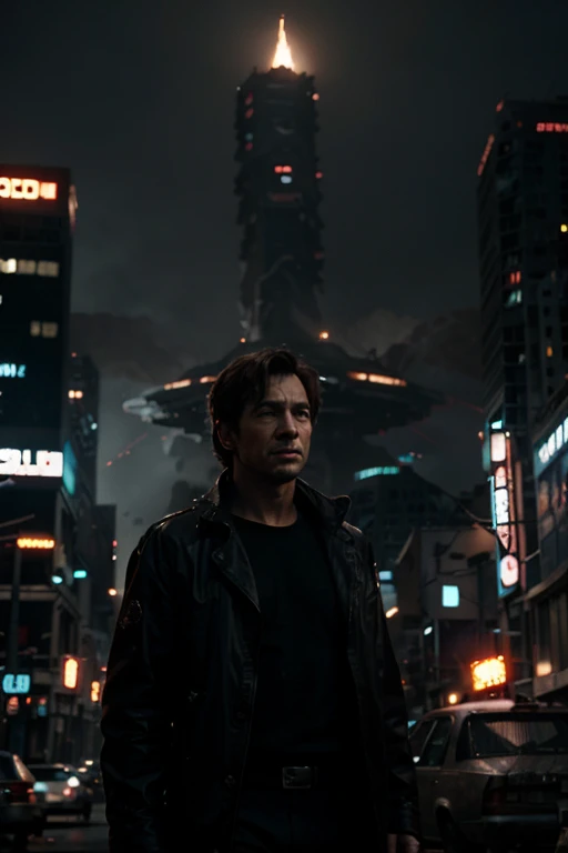 cinematic, filmed by steven spielberg, Dramatic medium body shot of James in the city filled with destruction and alien spaceships behind - Convey the scale of the invasion and the dire consequences. cyberpunk