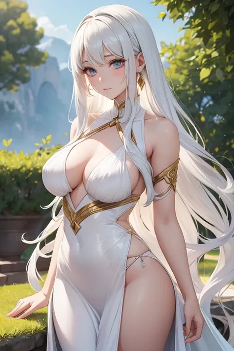 Alune is a slender young woman, approximately six feet tall. She prefers to dress in dresses in light tones, mainly white, which highlight her delicate figure. Her long, bright white hair, wavy and silky, reaches down to her hips, gracefully framing her fa...