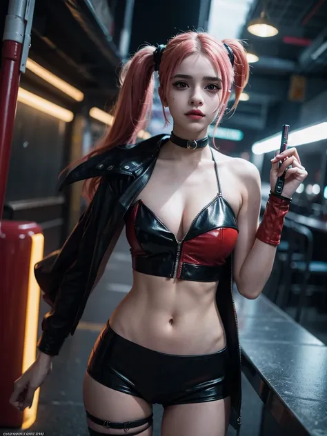 Duas mulheres vestidas de couro sentadas em um banco em uma cidade, in Estilo Cyberpunk, iswarya menon as Harley Quinn, hyper-realistic Estilo Cyberpunk, Harley Quinn, no estilo de Ross Tran, Estilo Cyberpunk ， hiperrealista, portrait of Harley Quinn, emma...